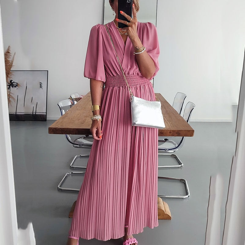 Lizakosht Women V Neck Short Sleeve Office Romper Elegant Casual Solid Color Long Jumpsuits Fashion Simple Elastic Waisted Pleated Rompers
