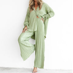 Lizakosht for Women Two-piece Pleated Pants Suits Casual Chic Solid Color Long Sleeve  Straight Leg Trousers Set Female Sleepwear