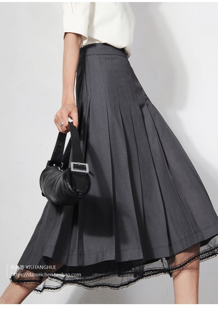Lizakosht Women's Skirts  New Grey Lace Stitching Pleated High Waist A-Line Midi Skirts Commuter Free Shipping