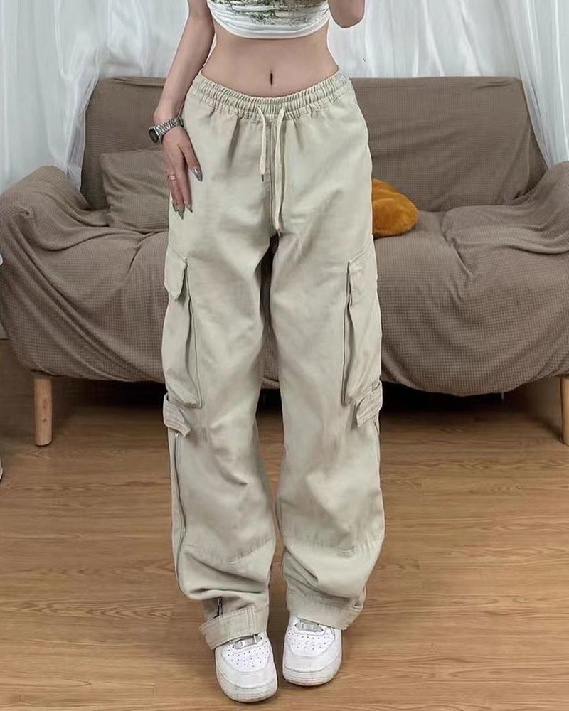 Lizakosht Vintage 90S Women's Cargo Pants Solid Color Streetwear Low Waist Trousers Female Autumn Overalls Baggy Straight Pants