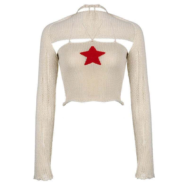 Lizakosht Spring Y2k Sweater Women Cute Star Stitching Knitwear Smock Vintage Long Sleeve Hollow Out Sweaters Lady Jumper Fairycore Retro