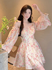 Holiday Chiffon Floral Dress Long Sleeve Women Summer Dress Oversized Off Shoulder Sexy High Waist Sweet Mini Beach Dress