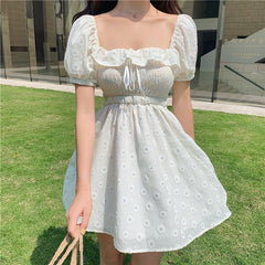 Lizakosht Summer new Daisy Embroidery Floral Dress Women High Waist Slim Lace Puff Sleeve Dresses Cottagecore Sweet Girl Cute Short Sleeve