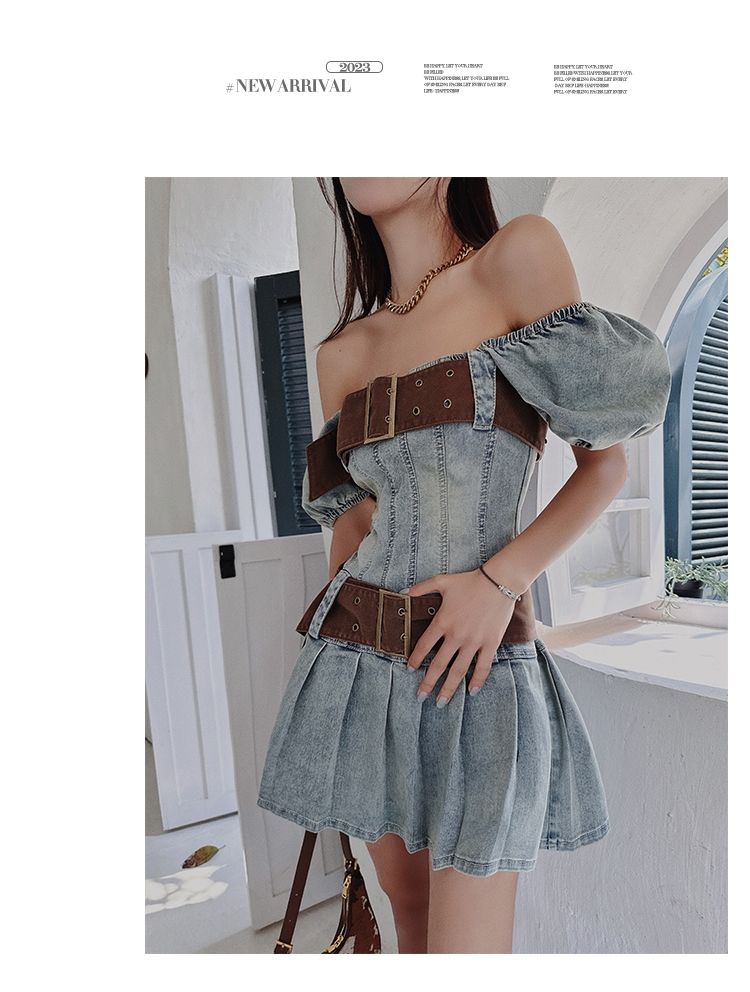 Lizakosht Sexy Y2k Dress Denim Women Streetwear Chic Bodycon Summer Mini Dresses Pleated Square Collar Puff Sleeve Party Robe