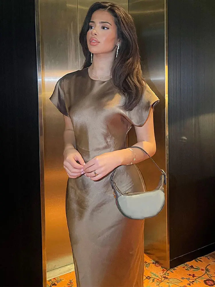 Lizakosht Sexy Glossy Silk Satin Long Dress Women Fashion Loose O Neck Short Sleeve Dresses Autumn Chic Ladies Evening Party Vestidos