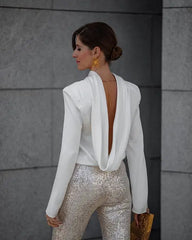 Lizakosht Sexy V-shaped Backless White Shirt Tops Women Fashion Solid Long Sleeve T-shirt Autumn Elegant Office Lady Commuter Top Outfits