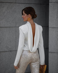 Lizakosht Sexy V-shaped Backless White Shirt Tops Women Fashion Solid Long Sleeve T-shirt Autumn Elegant Office Lady Commuter Top Outfits