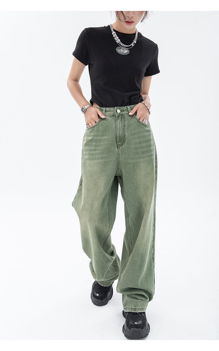 Vintage Green Women's Jeans Fashion Trousers Streetwear High Waist Wide Leg Summer Y2K Baggy Casual Straight Mom Denim Pants