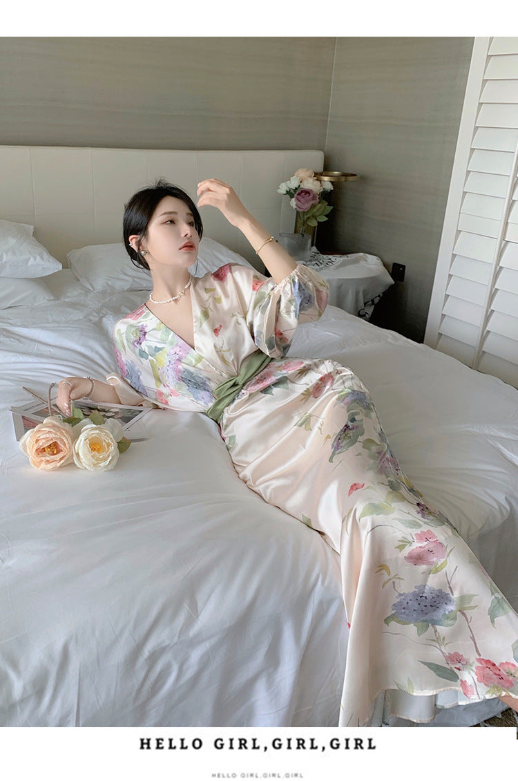 Hstar Oriental Classical Beauty Temperament Retro Ink Printing V-neck Women 2022 Summer Slim Long Elegant Dress robe traf boho