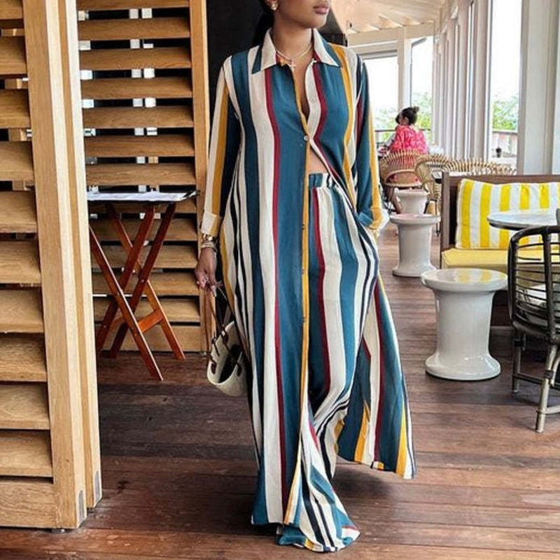 Fashion Lapel Buttoned Long Sleeve Tops & Straight Pants Suit Women Striped Printed 2 pcs Outfits Autumn Casual Loose Office Set