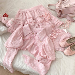 Lizakosht Pink 3 Piece Sets Women Crop Top Puff Sleeve Short Cardigans Elastic Waist Skirt Cute Outfits for Sweet Girl Kawaii Clothes