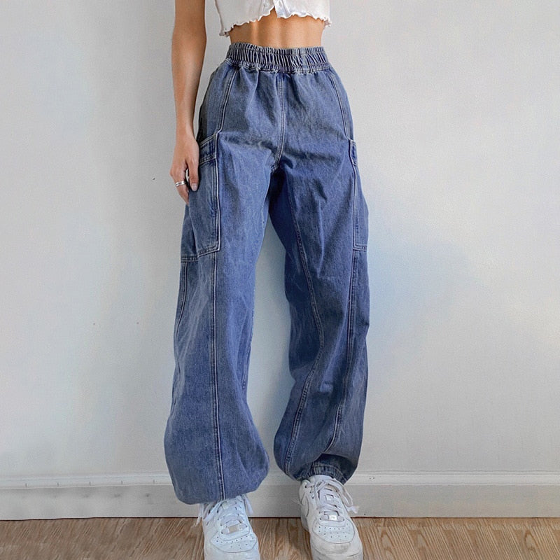 Lizakosht Sexy Fashion Cargo Trousers  Ins Street Solid Vintage Work Jeans Elastic Waist Straight Leg Jeans Workwear Femme Mujer