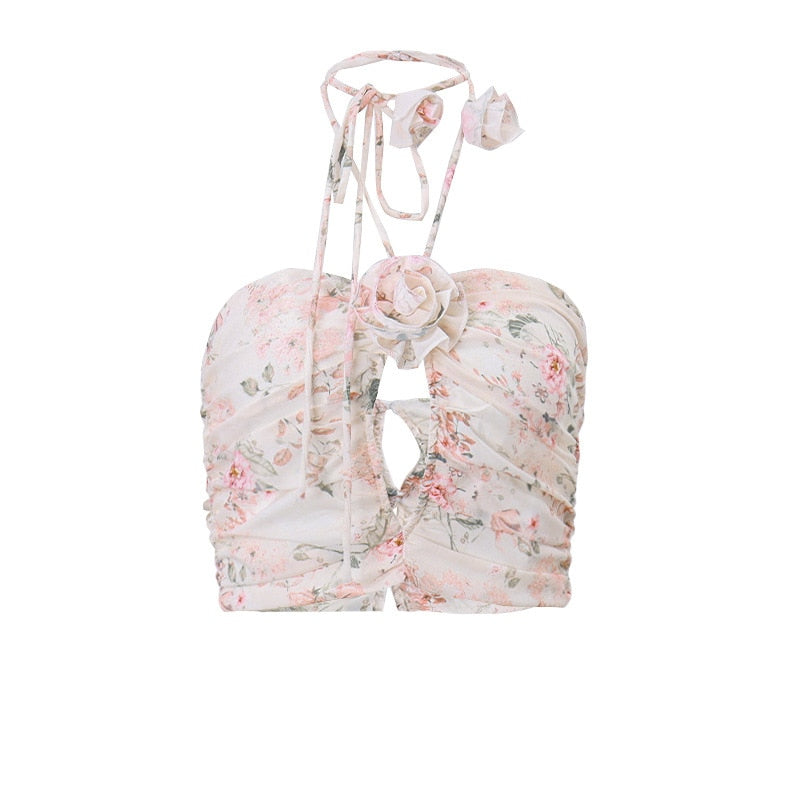 Lizakosht Floral Print Vest for Women Halter Hollow Out Patchwork Three -dimensional Flowers Crop Tops Female Summer New