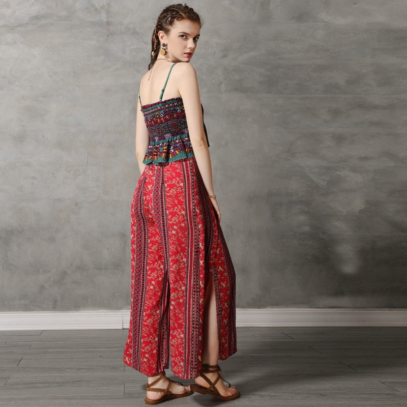 Summer Beach Fashion Bohemian Printed Wide Leg Pants Women Casual Cotton Linen Bottoms Thailand India Retro Split Loose Trousers