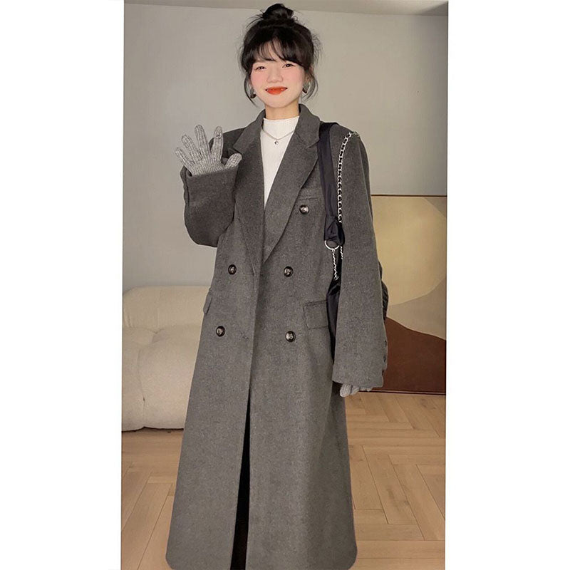 Lizakosht Winter Solid Turn Down Collar Woolen Coats Women Korean Simple Blazer Wool Long Coats Office Lday Doube Breasted Coats