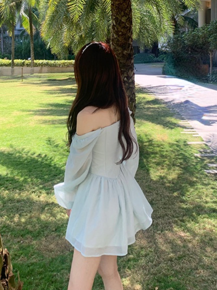 Lizakosht  Summer Pure Color Short Party Dress Woman Long Sleeve Sweet Y2k Mini Dress Casual Elegant One Piece Dress Korean Design