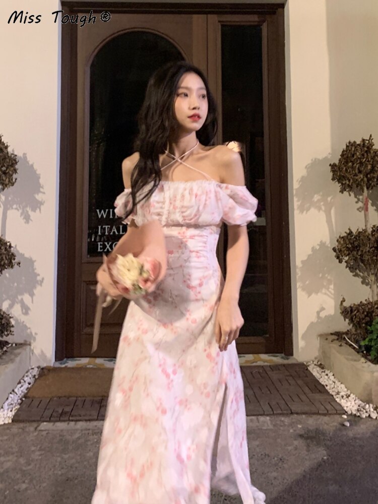 Summer Floral Baech Korea Sweet Dress Women Print Lace Casual France Vintage Fairy Dress Pink Sexy Elegant Party Mini Dress 2022