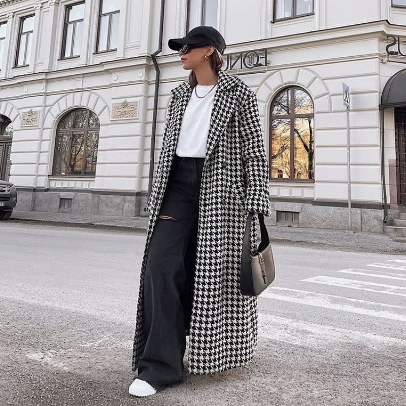 Lizakosht Women Houndstooth Wool Coat Autumn Winter Casual Elegant Long Sleeve Lapel Collar Double Breasted Warm Trench Jacket Outwear