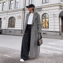 Lizakosht Women Houndstooth Wool Coat Autumn Winter Casual Elegant Long Sleeve Lapel Collar Double Breasted Warm Trench Jacket Outwear