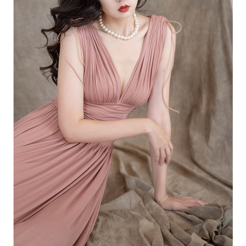 Lizakosht New Elegant Womens Dress V-neck High Stretch Sleeveless Bodycon Dress Vintage High Waisted Sexy Party Women's Clothing Evening
