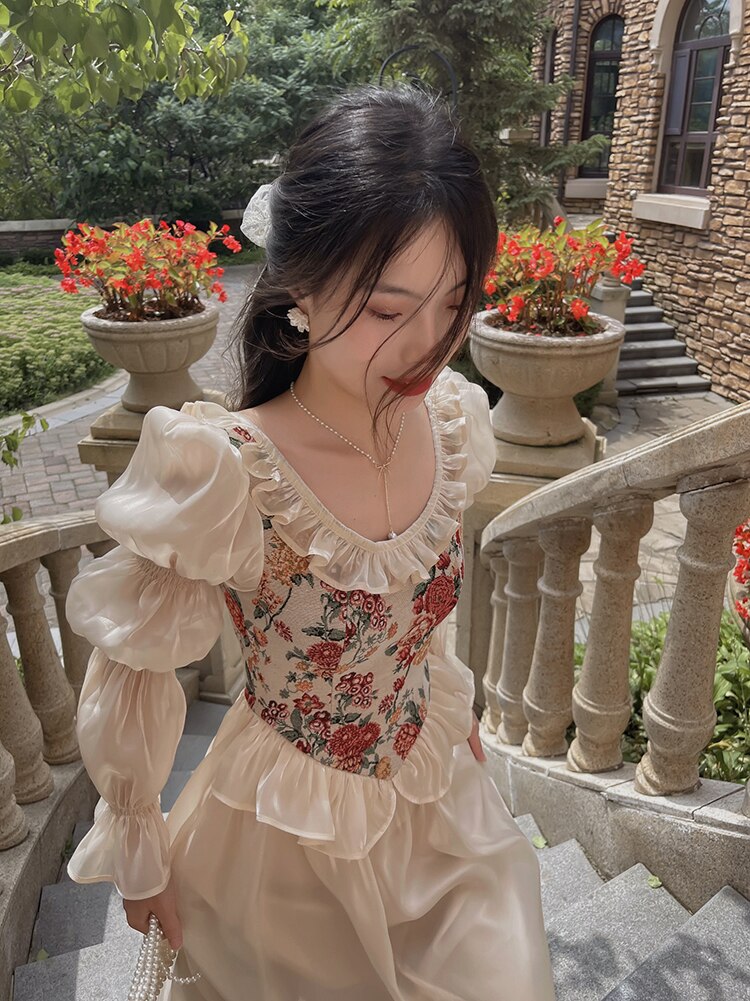Lizakosht French Vintage Jacquard Floral Fairy Dress For Slim Women Romantic Chic Puff Sleeve Elegant Princess Dresses Vestido Festa