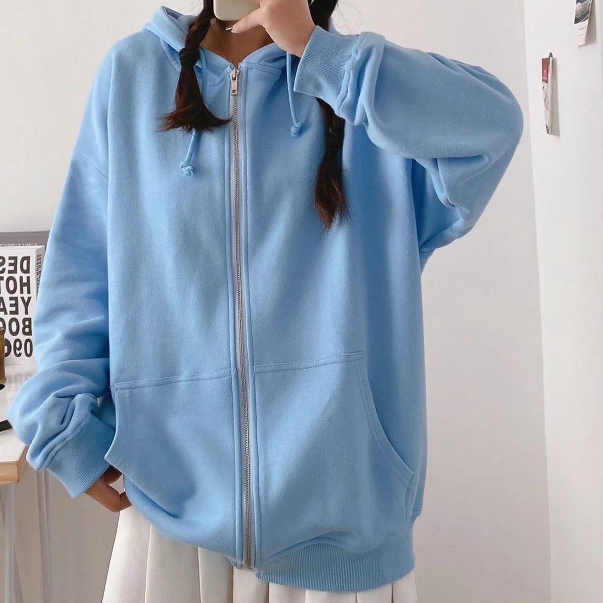 Lizakosht Fashion Solid Oversize Hoodie Women Casual Autumn Winter Warm Zipper Open-Up Hoodies Coat Femme Streetwear Loose Sweatshirt