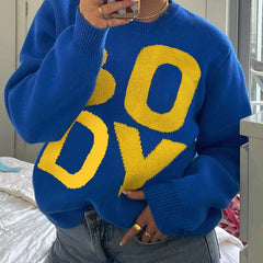 Lizakosht Autumn Women's Knitted Letter Embroidery Large Long Sleeve Sweater Loose Casual Top