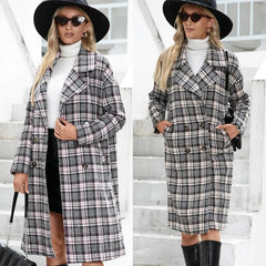Lizakosht Suit Collar Long-sleeved Autumn and Winter Double-breasted Long Cashmere Houndstooth Woolen Coat Plaid Windbreaker Jacket Women