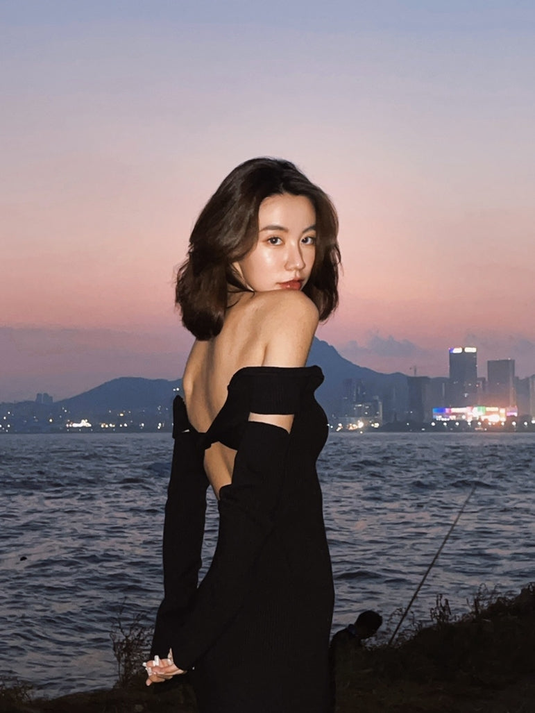 Spring Fashion Women Sexy Split Backless Off Shoulder Knitted Dress Female Club Party Y2K Dress