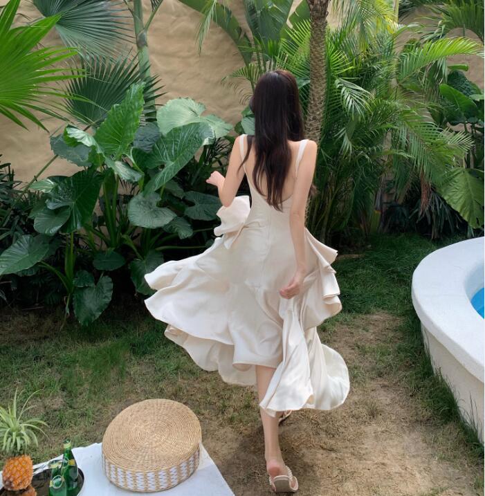 Lizakosht Imitation Acetate Satin Suspender Dress Long Dress Summer Mermaid Tail Large Hem Ruffled Holiday Dress