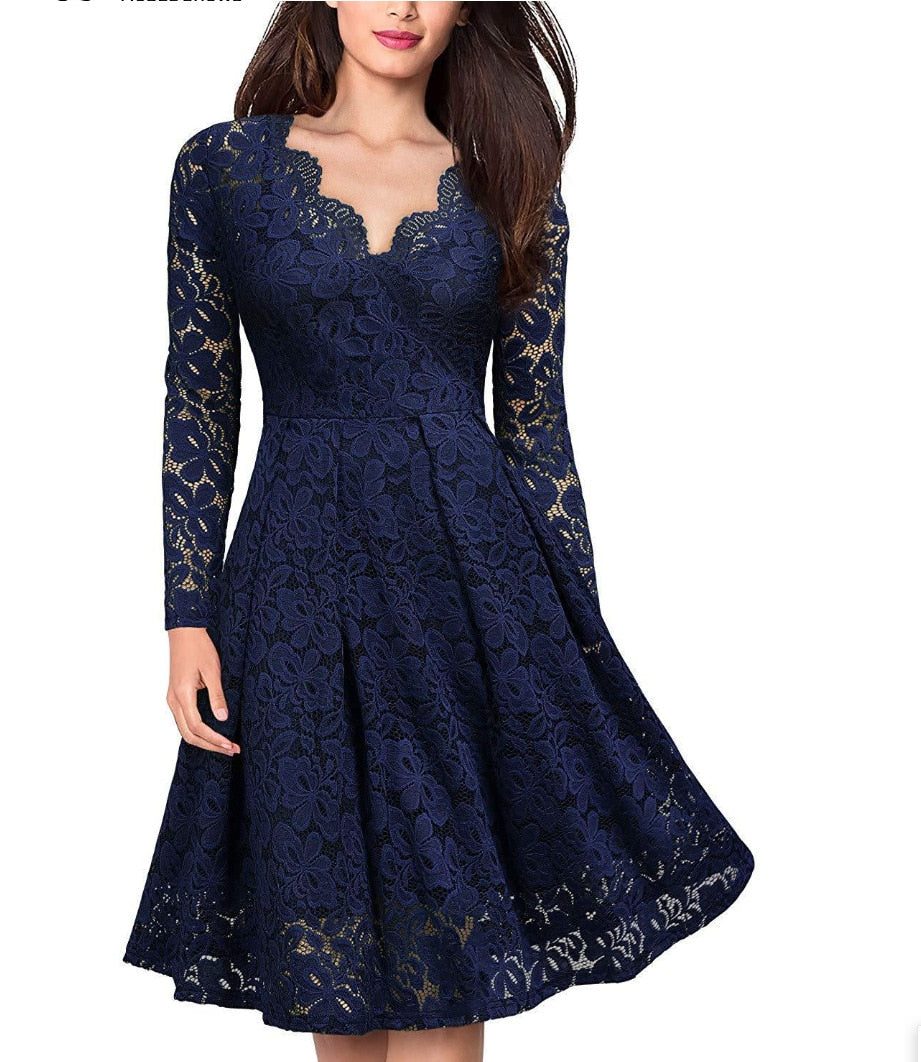 Lizakosht Autumn Winter Women V-Neck Lace Flower Elegant Casual Dress Lined Long-Sleeved Fashion Lady A-Line Formal Evening Gowns Dress