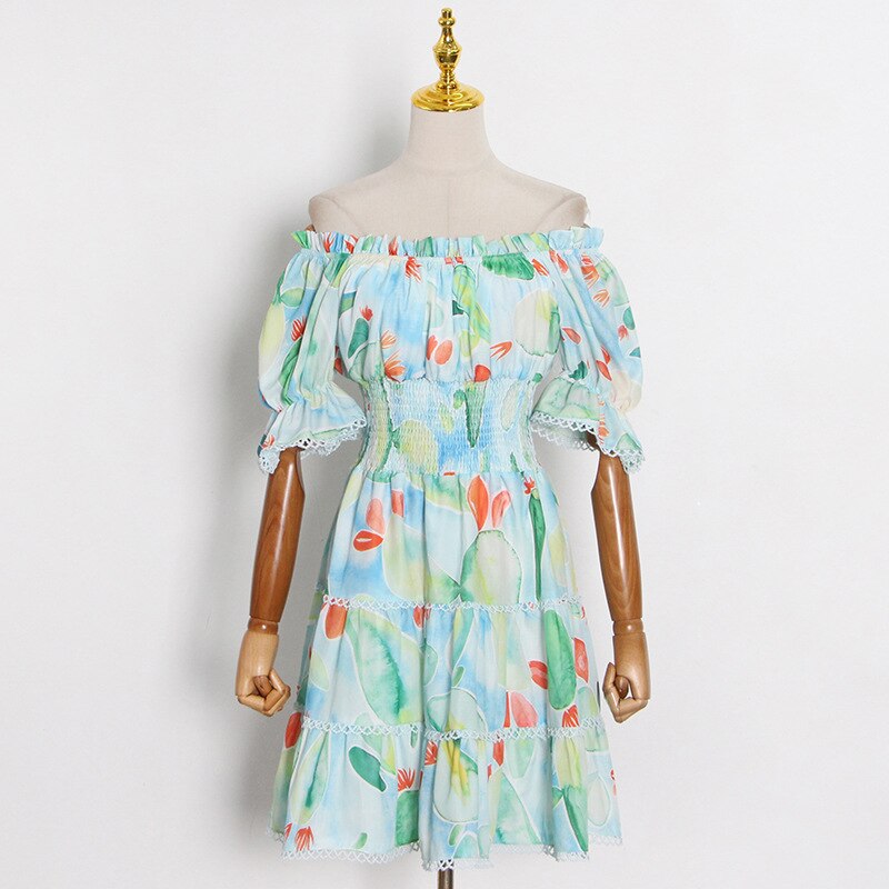 Lizakosht Summer Chiffon Dress New Square Neck Puff Sleeve Printed A-Line Short Dress Free Shipping