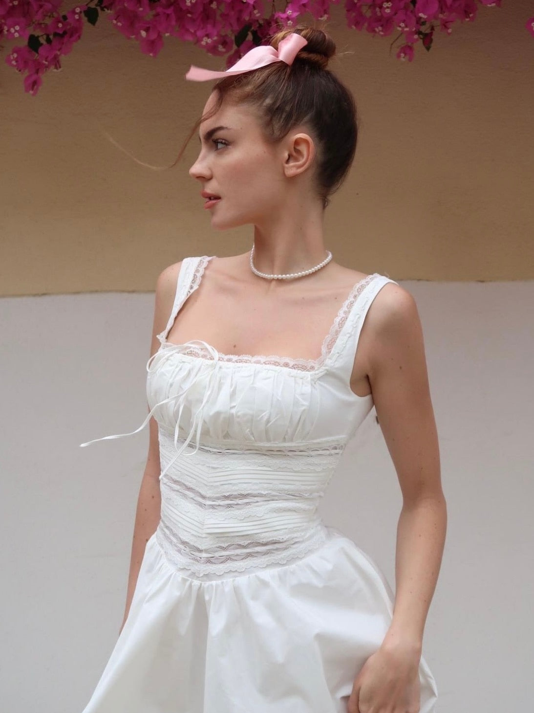 Lizakosht Women Hourse Strappy Sleeveless Square Neck Summer Tiffani White Lace Trim Mini A-line Dress