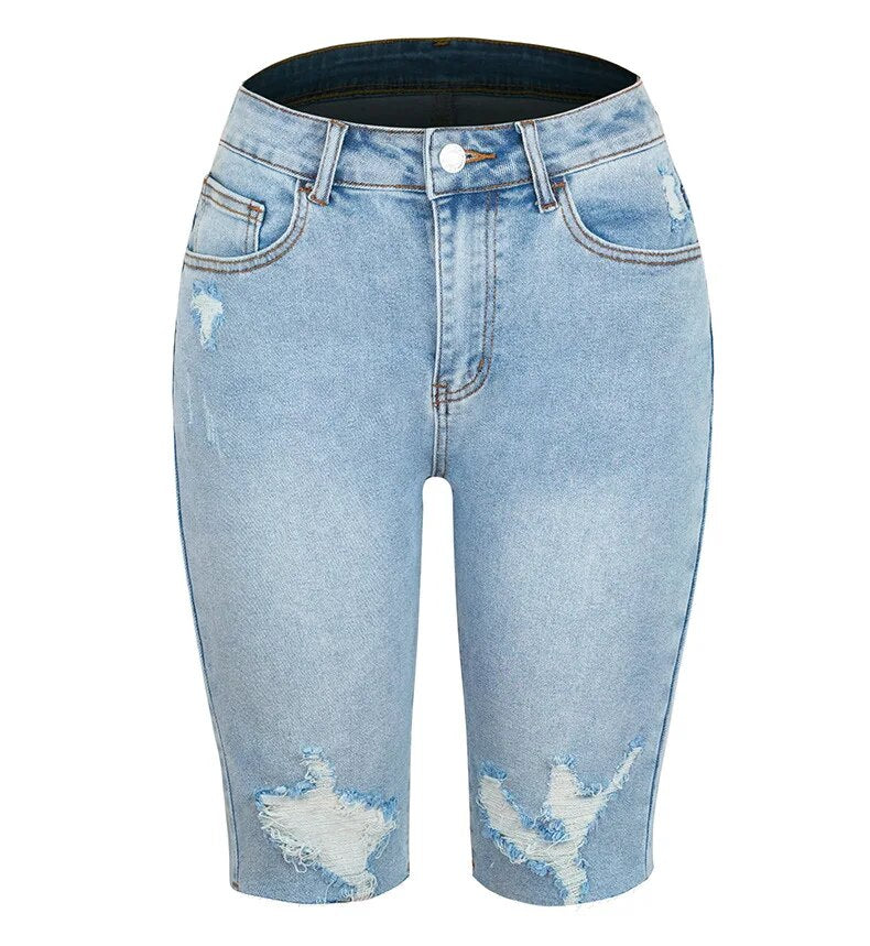 Lizakosht Women Jorts Y2k Short Mid Waist BF Straight Leg Knee-length Ripped Streetwear Jeans Shorts Demin Blue Summer Hot With Pockets