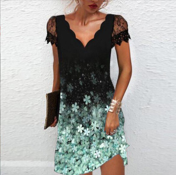 Lizakosht   Women Elegant Dresses Summer V Neck Lace Short Sleeve Dress Sexy Printed Plus Size Female Dresses Black Party Dress Vestidos