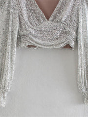 Lizakosht  Women's Silver Sequins Blouse Female Fashion Puff Sleeve V Neck Short Pleated Shirt Tops Spring Chic Sexy Street Wear