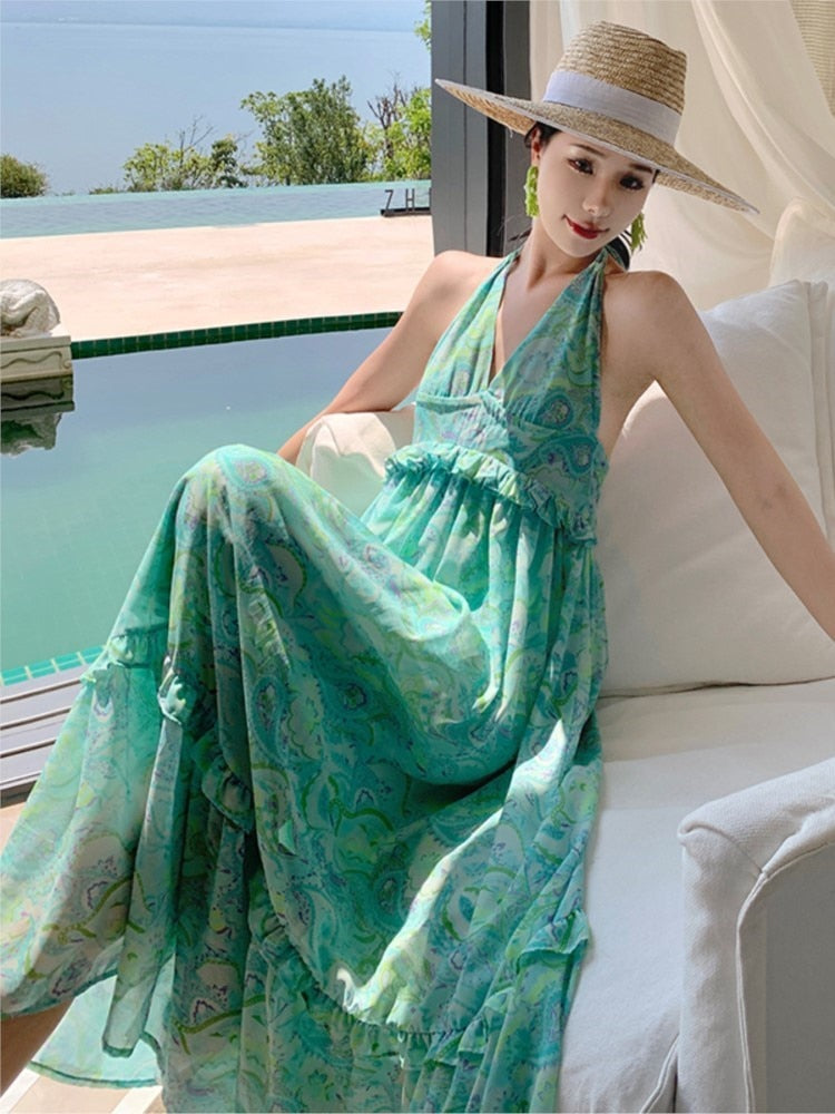 Lizakosht Maxi Bohemian Dresses Woman Summer Green Strappy Sundress Female Fashion Casual Long Beach Sundress Chic Printed Boho Dress