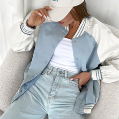 Lizakosht Patchwork Sleeves Baseball Jacket for Women Vintage Casual Streetwear Button down Loose Outerwear Fashion Coats Female