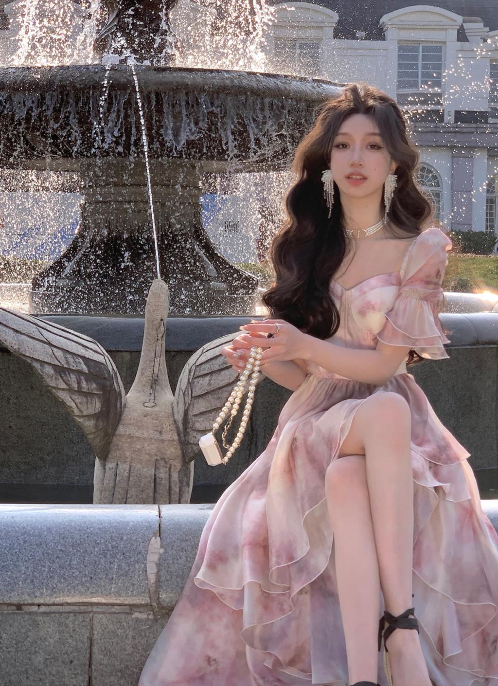 Lizakosht Summer super chiffon fairy princess puff sleeve long-sleeved dress temperament meat-covering medium and long fairy dress