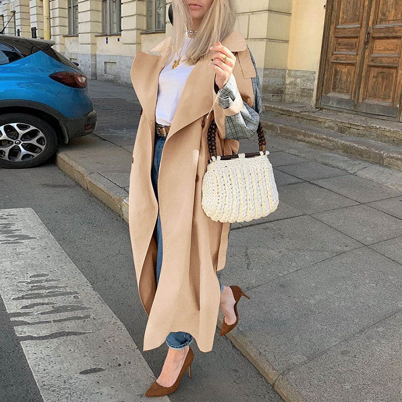 Lizakosht Causal Light Tan Fashion Autumn Winter Trench  Windbreaker Split Joint Elegant Long Sleeve Coat Plaid Long Women Coat with Belt