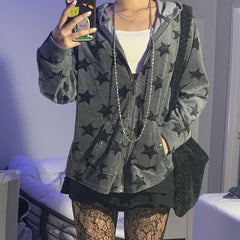 Retro Star Pattern Hoodie women Velvet Sweatshirt Women new autumn winter Double Pocket Loose Long Sleeve hiphop Zipper Jacket