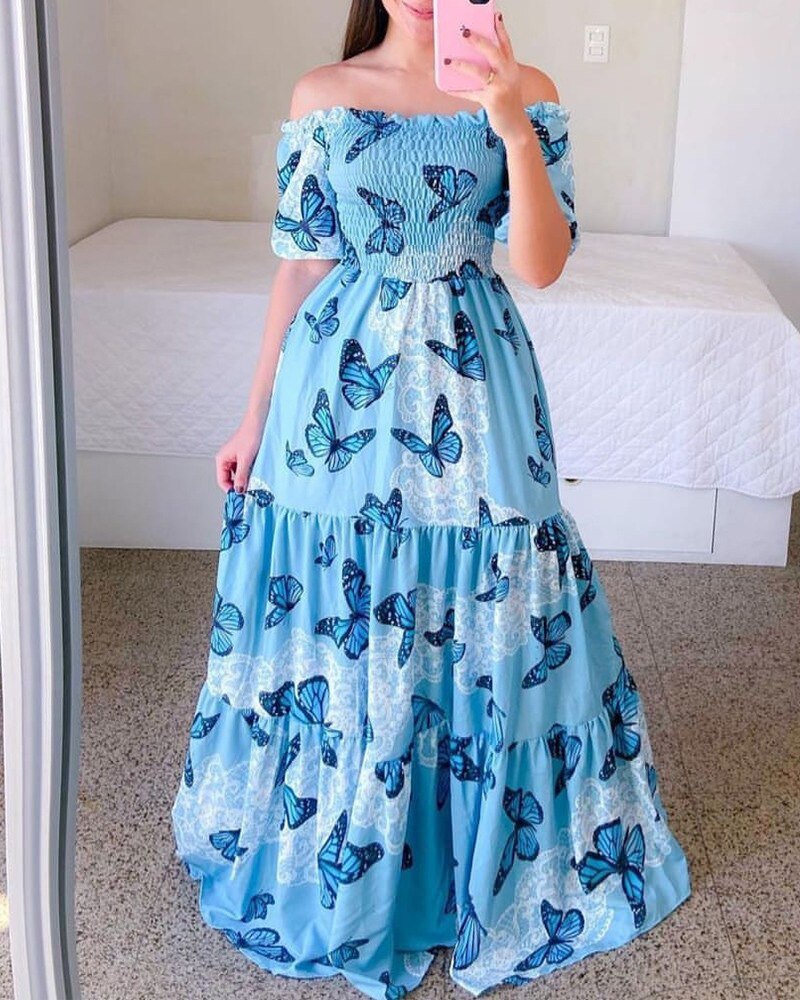 Wepbel 2022 Slash Collar Maxi Dress Women Off-Neck Printed Large-Hem Tube Top Dresses Slim Fits Full Length Bohe Dress Vestidos