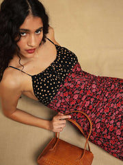 Spaghetti Strap Midi Dress Summer Ladies Rose Floral Print Tie Belt Sleeveless Long Dresses Female Elegant Vintage Robes Holiday