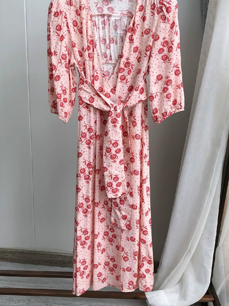Lizakosht Women Dress New Vintage Floral printing Waist Wrap tea midi dress Long One-Piece Dress