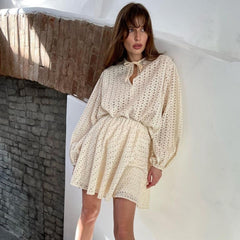 Lizakosht Autumn Elegant Hollow Out Two Piece Skirt Set Y2K INS Clothes Outfits Long Puff Sleeve Shirt Top Pleated Skirt Boho Outfits