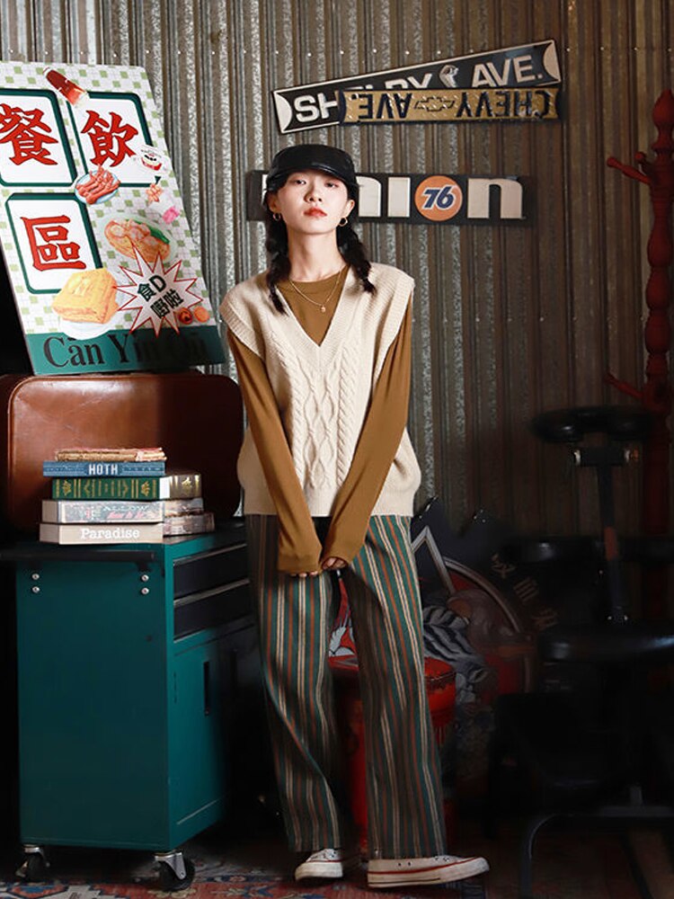 LIZAKOSHT  -  Vintage Retro Green Striped Print Wide Leg Pants Women Korean Style Oversize High Elastic Brown Trousers for Female 2022