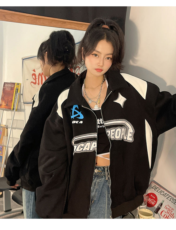 Letter Print Zipper Jacket Women American Retro Street Hip Hop Jackets For Women Oversized Korean Casual Trend Y2K Coat Women