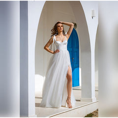 Lizakosht Fashion Solid Mesh Patchwork Women's Sling Dress Summer Female Backless Bandage Split Dresses Female White Wedding Party Dress