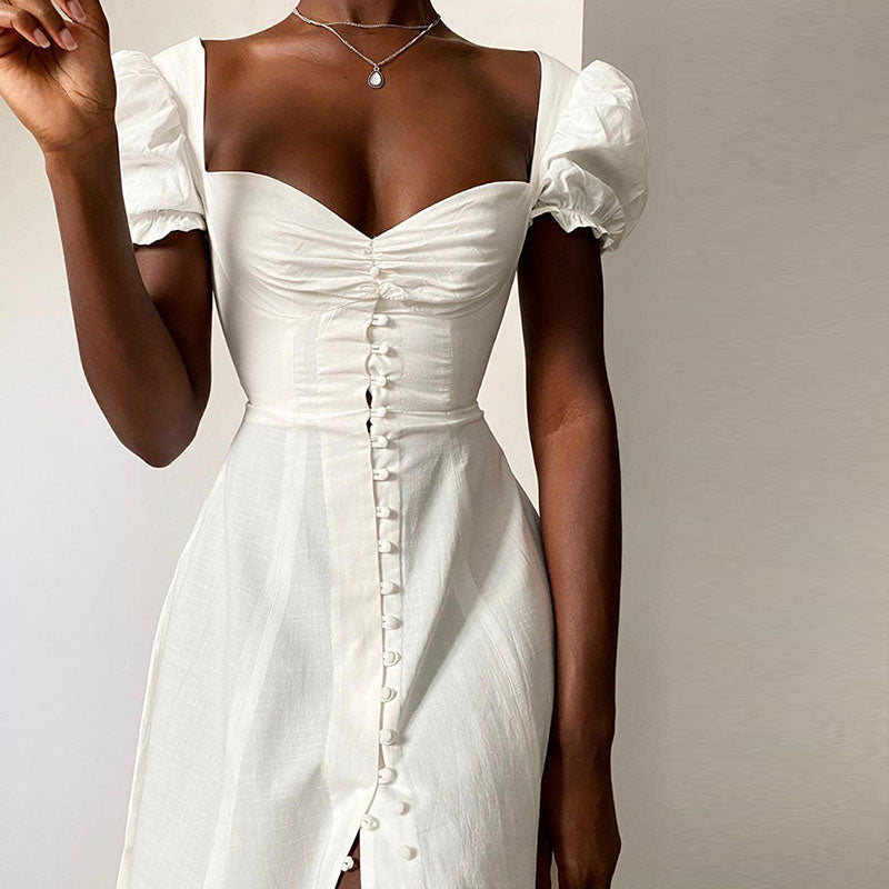 Summer Leisure Time Pure Color Dresses Front Open Button Straight Neck Bubble Short Sleeve Slim Fit White Elegant Long Dress