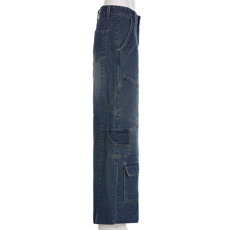 Lizakosht Retro Vintage Blue Cargo Denim Pants Pantalones De Mujer Mom Harajuku Hip Hop Patchwork Trousers Y2k Baggy Jeans Streetwear